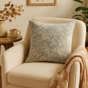 Tajik Home Floral Jacquard Woven Cotton Pillow Cover Gray Ivory Boho Cottage